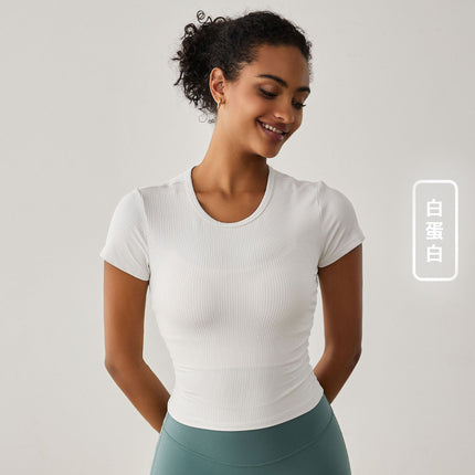 Outdoor Yoga Clothing Women's Spring and Summer Yoga Short-sleeved Running Fitness Clothing Rib Naked Pleated Slim-fit Sports T-shirt