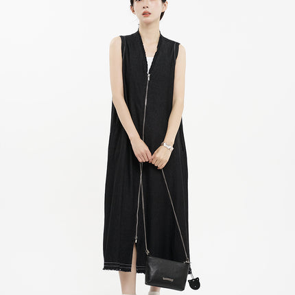 Summer Japanese Style Retro Design Sense Casual V-neck Zipper Edge Hem Collar Sleeveless Vest Denim dress