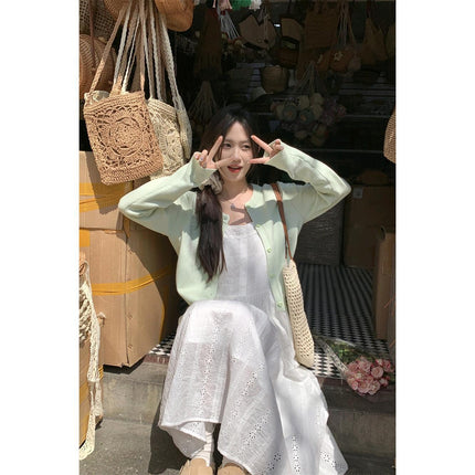Fresh Honeydew Green Long-Sleeved Knitted Cardigan for Women 2025 Early Spring New Elegant Versatile Round Neck Top