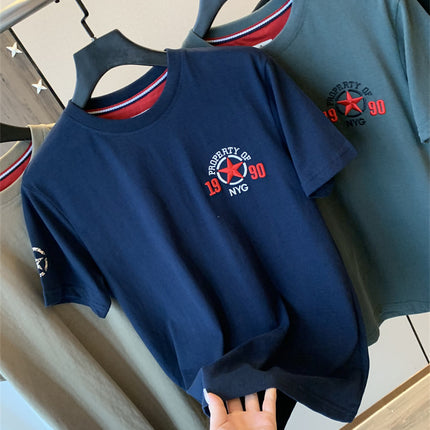 Us Orders! Brushed Long-Staple Cotton! Summer Men's Versatile Casual Short-Sleeve T-Shirt with Five-Pointed Star Embroidery, Breathable