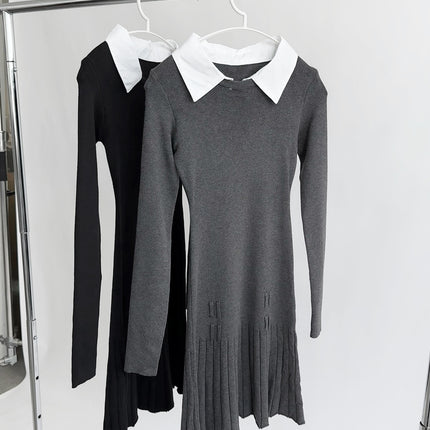 Dorothy Clothing South Korea Fashionable Fake Two-Piece Shirt Collar Academy Style Slim-Fit Stitching dress Pleated Dress for Women