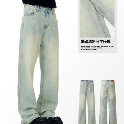 11Kn American Clear Water Blue Jeans for Men and Women Straight-Leg Distressed Retro Light-Colored Stereo Slim Casual Loose Pants