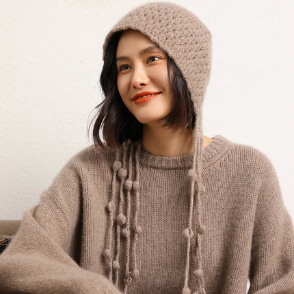 Handmade Fashionable Dirty Braid Ball Tassel Thickeneded Warm Cashmere Knitted Cut Out Toe Cap Ear Protection Hat Autumn and Winter