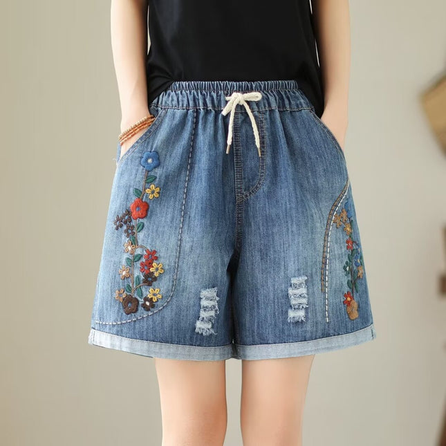 Denim Shorts Women's Summer Thin Vintage Embroidered Straight Pants with Holes Loose Tight Waist Large Size Slim-fit Hot Pants