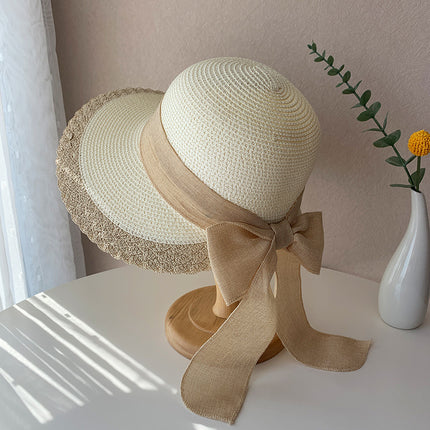 [Great Value] French Style Socialite Flat Top Hat 2025 New Summer Elegant Pearl String Sunshade Woven Straw Hat