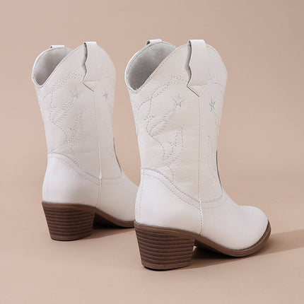White Embroidered Random Irregular Chunky Heel Round Toe Pedal Elegant Knight Boots New All-Match Fashion Girl Boots