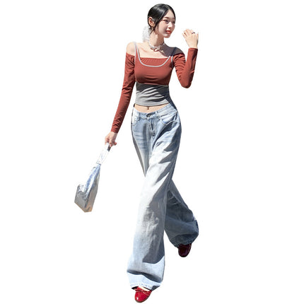 Street wash rundown wind light color scratch retro ground white wide leg jeans women 2025 new mop pants