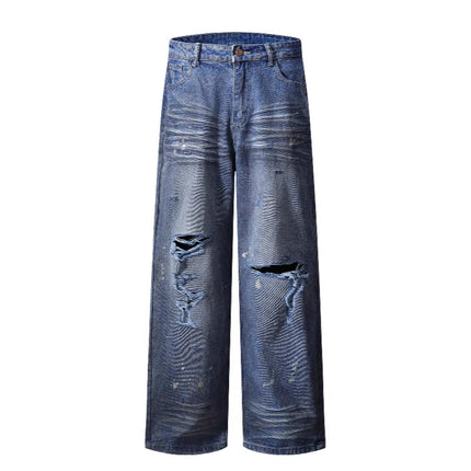 Ottb Men's Clothing | American-Style Vintage Ripped Loose Straight-Leg Floor-Length Jeans for Men, Spring Casual Pants.