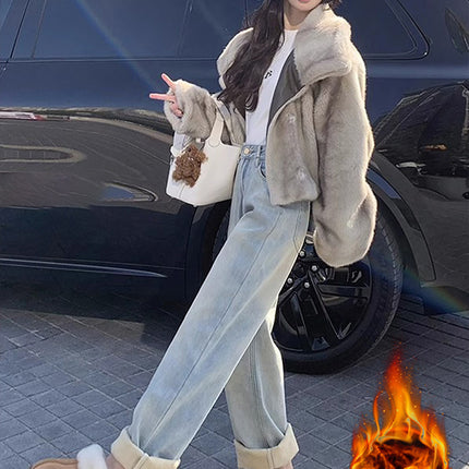 Light color high waist straight tube wide leg jeans women 2024 autumn and winter new fleece-lined thickened loose plus size straight tube mop floor