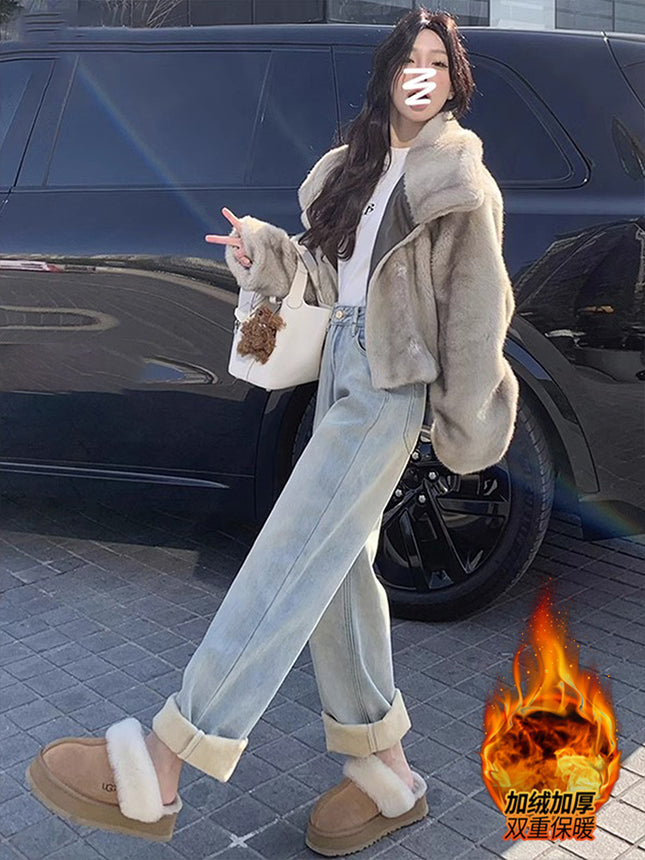 Light color high waist straight tube wide leg jeans women 2024 autumn and winter new fleece-lined thickened loose plus size straight tube mop floor
