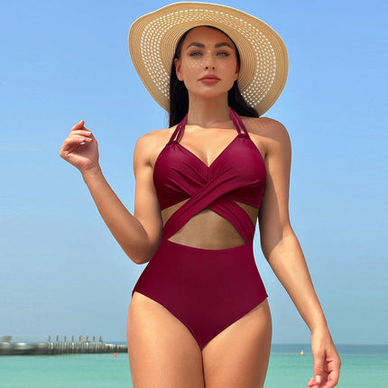 2025 New European and American Amazon Cross-Border One-Piece Swimsuit Solid Color Mesh Bikini Quick-Dry