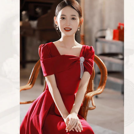 Toast Dress Bride Wedding Red High-end Engagement Mid-length Banquet Back Door Slimming High-end Autumn and Winter dress