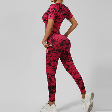 Cross-Border Seamless Tie-Dye Yoga Wear Beautiful Back Sports Bra High Waist Peach Butt Lift Fitness Tights Suit for Women