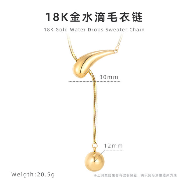 Creative drawstring water drop ball necklace titanium steel electroplating 18K gold high-grade sweater chain women's simple pendant wholesale