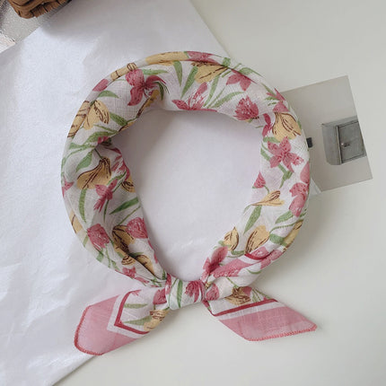 Soft Breathable Cotton Linen Small Square 58x 58cm New Artistic Printed Air Conditional Room Neck Protection Scarf Women