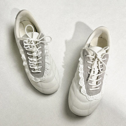 K-Style! Genuine Leather Lace Edge Flower Decoration Thick-Soled Moral Training Shoes for Women New Casual Sports Oblique Lace-Up Small Leather Shoes