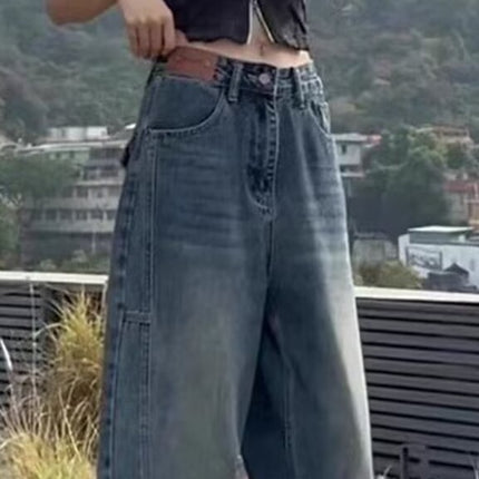 Blue Retro Straight-Leg Jeans for Women, Spring New Style, Petite, Floor-Length, Plus-Size, Loose, Scimitar Wide-Leg Pants