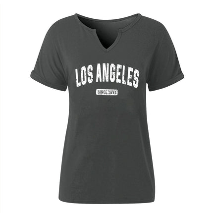 Amazon Spring and Summer New Product V-Neck Rolled Sleeves Los Angeles Letter Positioning Printed Pullover Short Sleeves