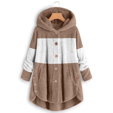 Amazon 2025 Autumn/Winter European and American Style Button-Up Hooded Cat Ear Plush Top Irregular Trendy Patchwork Jacket for Women