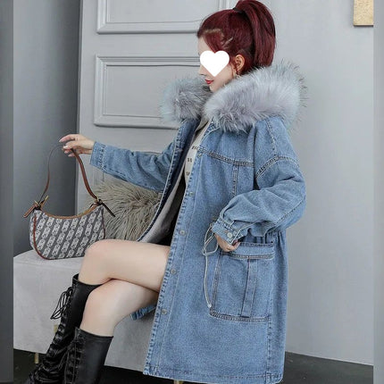 fleece-lined Thickened Denim Cotton-padded Coat Women's Autumn and Winter New Korean Style plus size Loose Western Style All-match Mid-length Cotton-padded Coat