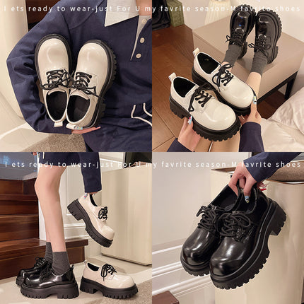 Retro British Style Thick-Soled Small Leather Shoes for Women 2025 Spring & Fall New Round-Toe Matchinging Skirt Heightening Lace-Up Shoes