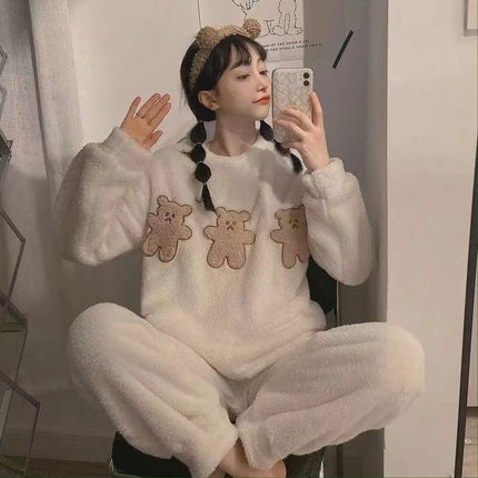 2024 New Autumn and Winter Coral Velvet Cartoon Stripesd Women's Pajamas Thickeneded and Wearable Home Wear Set
