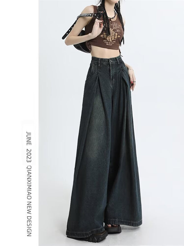American Design Retro Jeans for Women Spring High-Waisted Slimming Loose Wide-Leg Pants Floor-Length Pants