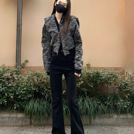 175 Tall Women's Black Bootcut Jeans for Autumn and Winter High-Waisted Elastic Slim Slim Flared Floor-Length Pants