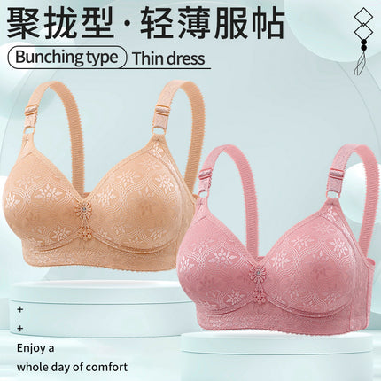 New Large Size Jacquard Thin Cup Three-Breasted Middle-Aged and Elderly Push-Up Full-Cup Bra Non-Magnetic and Wire-Free Sexy Underwear