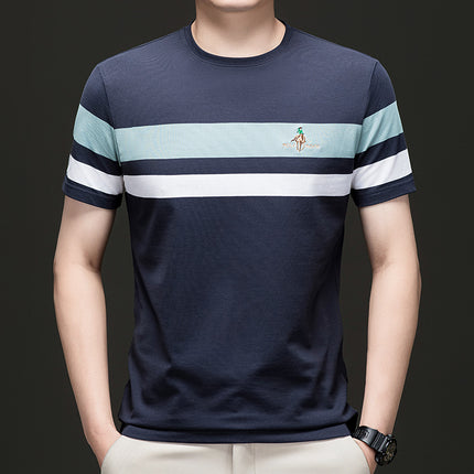 Mingdi Mouse Men's Summer New Short-sleeved All-match Crewneck Pullover T-shirt Casual Striped Plus Size Men's T-shirt