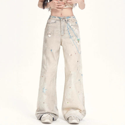2025 Pearl Lace Cold Transfer Printed Jeans Versatile Holiday Style Straight Pants Trousers
