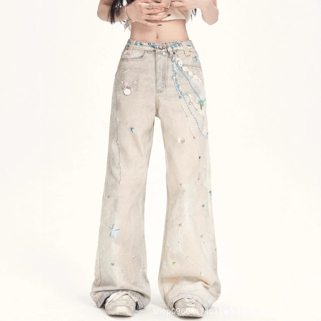 2025 Pearl Lace Cold Transfer Printed Jeans Versatile Holiday Style Straight Pants Trousers