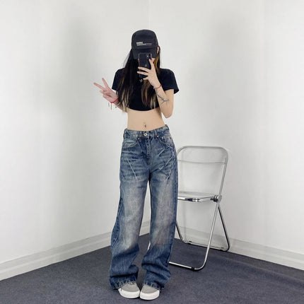 American High Street Washed Lightning Crack Blue Jeans for Women 2025 New Style Loose Straight Floor-Length Pants