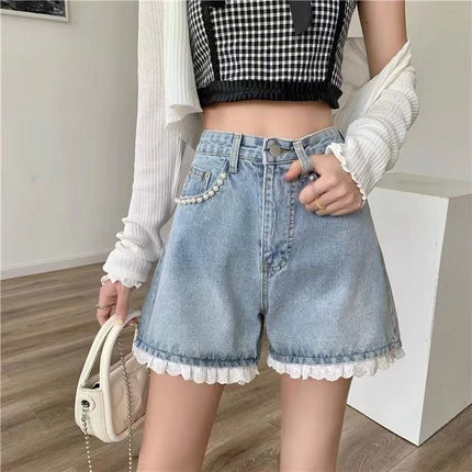 Designed Lace High-Waisted Denim Shorts for Women, Summer Thin Hot Pants, Loose Wide-Leg Pants, Summer Hot Pants