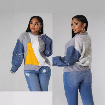 D8703 New Product Aliexpress Amazon European and American Fashion Loose Sweater Color Matching Jeans Sleeves in Stock
