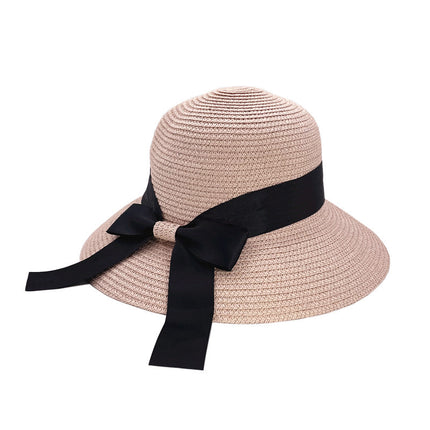 Paper woven straw basin hat bow sun protection straw hat windproof sun hat travel straw hat face slimming lady hat