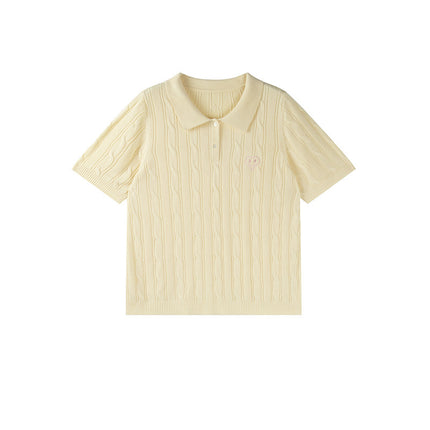 Double Day 2025 Summer New plus size Women's Chubby mmPolo Collar Short Sleeve Twist Simple Knitted Shirt F518