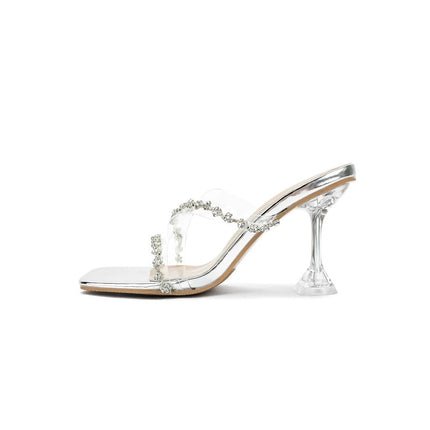 2026 New Style Stunning Transparent Sandals with Rhinestones, High Heels for Women, Square Toe, Wine Glass Heel, Comfortable Slip-On Slippers