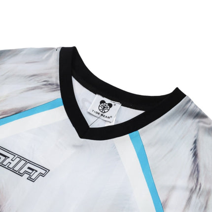American-style Casual Couple Sports Mesh T-shirt V-neck Three-dimensional Cute Dog Print Retro Color Contrast Long Sleeve for Men and Women