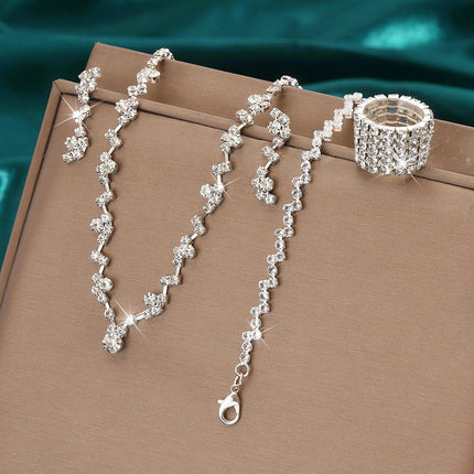 Simple Exquisite Hot-selling Claw Chain Necklace Earrings Bracelet suit Three-piece Set Full Diamond Clavicle Chain Dinner Dress Accessories