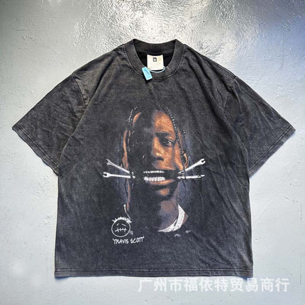 Saint Michael Cho Big Face European and American Retro Washed and Distressed Commemorative Portrait Short-Sleeved T-Shirt Trendy