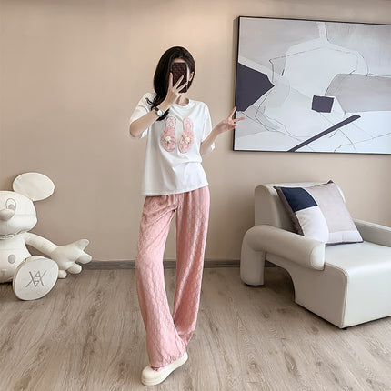 2024 Summer TikTok Explosions High-end Embroidered Beads Handmade Bead T-Shirt Women's Floating Embroidered Pants Women
