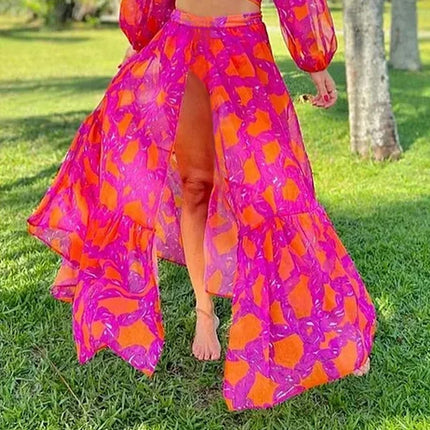2024 European and American New Bikini V Neck Long-Sleeved Back Strap Printed High-Waisted Split Clothing Umbrella Skirt Suit 2562