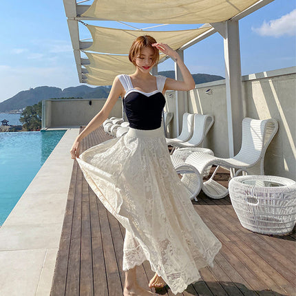 New One-Piece Swimsuit for Women, Black Sexy Suspenders, Small Breasts, Belly-Covering, Slimming Look, Hot Spring Resort Swimsuit for Women
