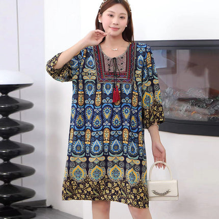 Extra Large Size Ethnic Style Round Neck Three-Quarter Sleeve Dress Loose Embroidered Flower Cotton Silk Travel Beach Skirt for Women