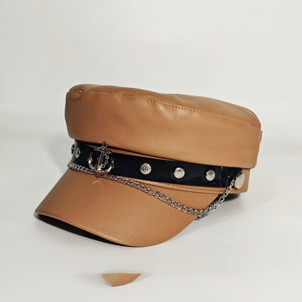 Korean Fashion Versatile Leather Pirate Ship Chain Navy Cap British Style Octagonal Cap Large Head Circumference Face-Slimming Duckbill Cap