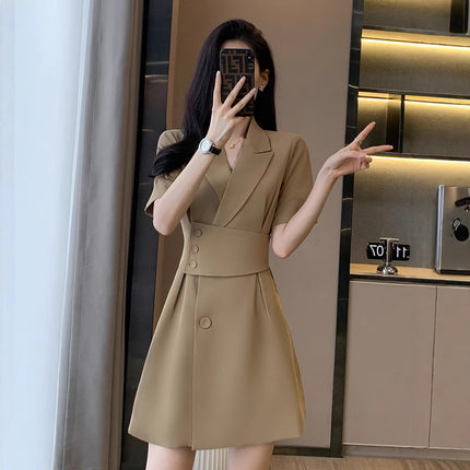 【Precise Fit】Women's High-End Short-Sleeve Suit Dress, Summer Waist-Slimming Coffee-Colored Dress