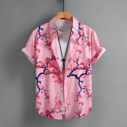Casual Men's Red Plum Blossom Printed Men's Short-sleeved Shirt Men's Shirt Summer 2025 New Cross-border Exclusive