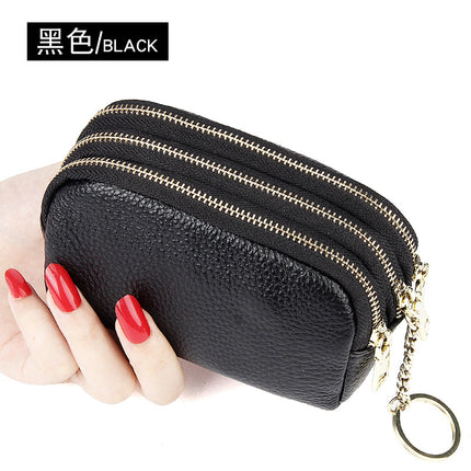 European and American First-Layer Cowhide Simple and Fashionable Mini Clutch Bag Three-Zip Coin Bag Key Coin Purse Genuine Leather