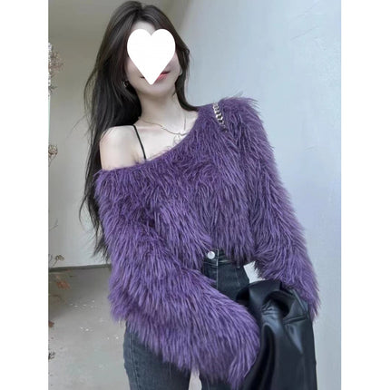 Korean Style New Slim Fit Versatile High-Waisted Sweater for Women, Short Fashion Light Luxury Socialite Long-Sleeve Off-Shoulder Fur Top